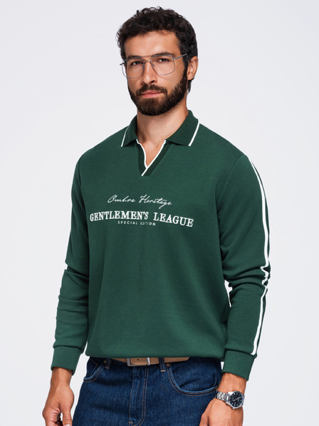 Ombre Clothing Мъжки суитшърт с яка и V-образно деколте с бродерия на гръдта – тъмно зелен V3 OM-SSNZ-0268 Ombre Clothing