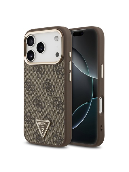 Guess Guess PU Leather 4G Strass Triangle Logo Gold Frame MagSafe Задний чехол для iPhone 18 Pro Brown