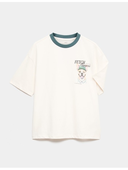 Marks & Spencer Тениска от чист памук с мотив на куче (6–7 години) Marks & Spencer кремава