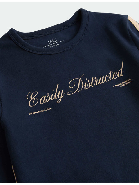 Marks & Spencer Топ с надпис Easily Distracted и високо съдържание на памук (6–16 години) Marks & Spencer морски син