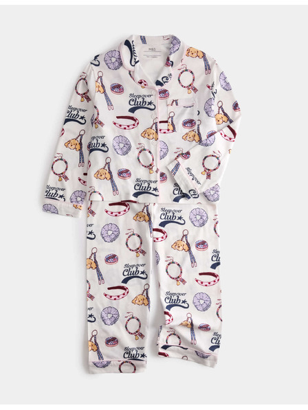 Marks & Spencer Памучна пижама с печат "Sleepover Club" с високо съдържание на памук (1–8 години) Marks & Spencer кремав
