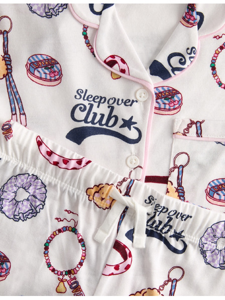 Marks & Spencer Памучна пижама с печат "Sleepover Club" с високо съдържание на памук (1–8 години) Marks & Spencer кремав