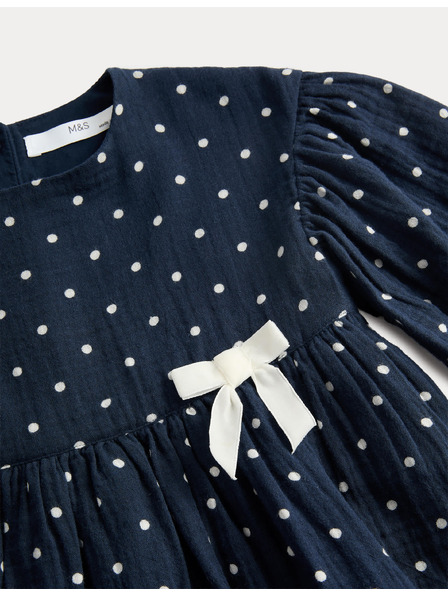 Marks & Spencer Пунктирана рокля с висок дял памук (1–8 години) Marks & Spencer морско синьо