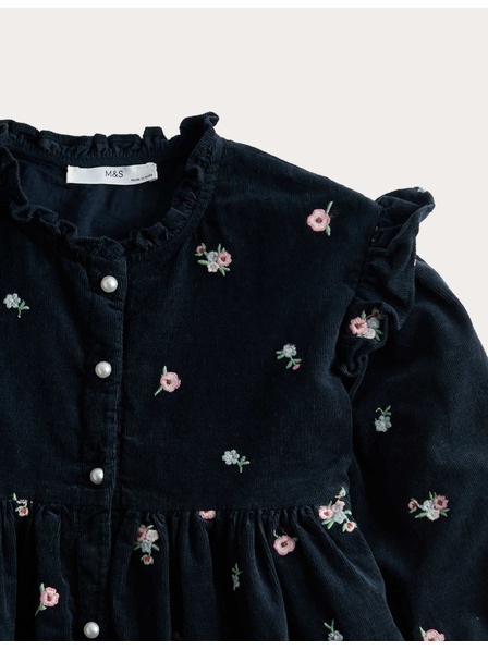 Marks & Spencer Памучна рокля от чист памук с вишивка (1–8 години) Marks & Spencer морско синьо
