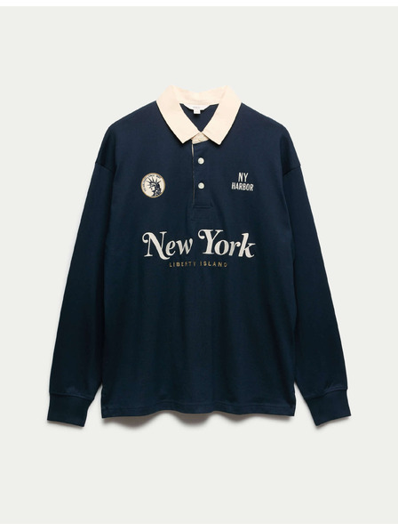 Marks & Spencer Изшивана спортна риза от чист памук Marks & Spencer морско синьо