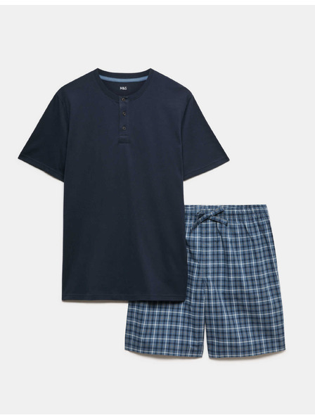 Marks & Spencer Карирана пижамна комбинация от чист памук с халат Marks & Spencer морско синьо