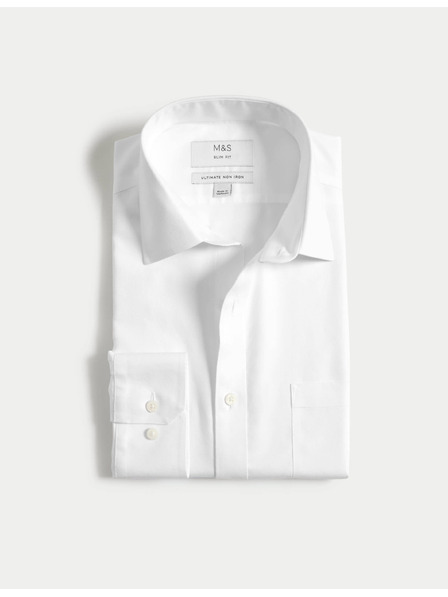Marks & Spencer Риза Ultimate тесен фасон от чист памук с немачкаща обработка Marks & Spencer бяло