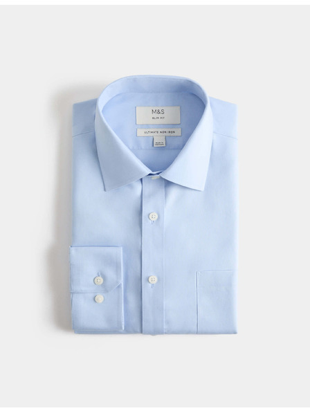 Marks & Spencer Риза Ultimate тесен фасон от чист памук с немачкаща обработка Marks & Spencer синьо
