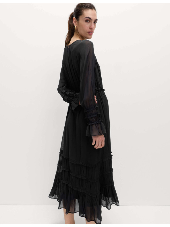 Marks & Spencer Прозрачна midi рокля с подчертан пояс и волани Marks & Spencer черно