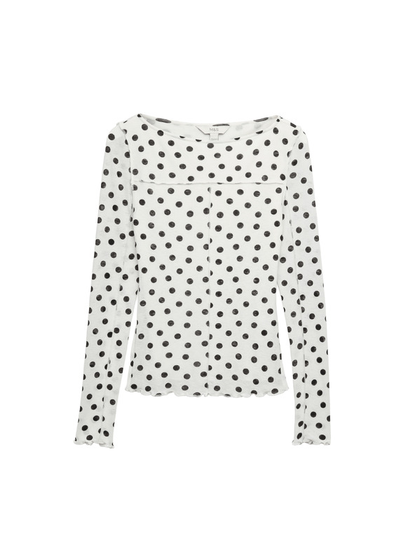 Marks & Spencer Жърси топ с точки и лодка деколте със мрежа Marks & Spencer бяла