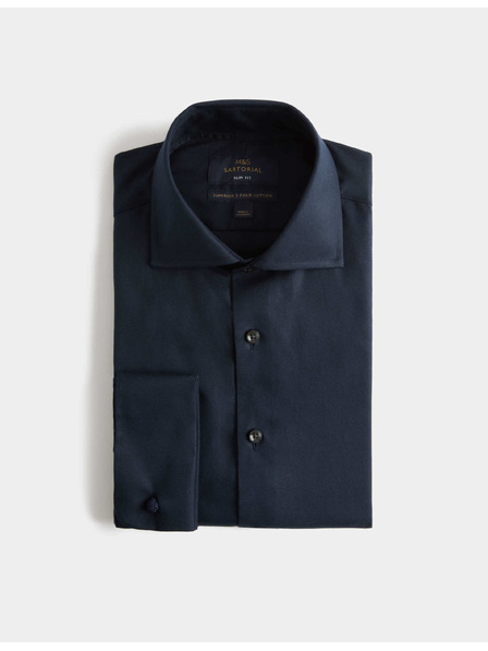 Marks & Spencer Кепрена риза с тесен силует от луксозен памук с двойна маншета Marks & Spencer морскосиня