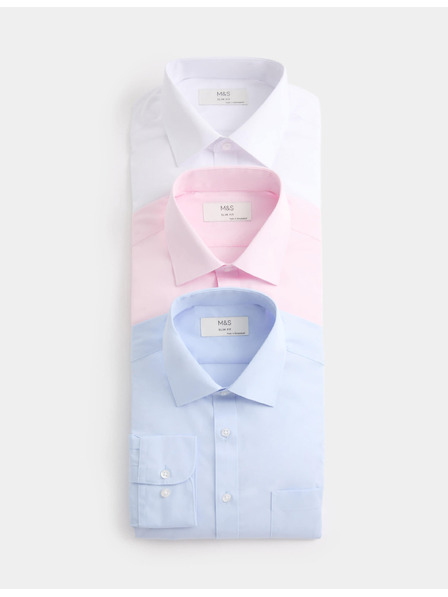 Marks & Spencer Риза тесен крой с дълъг ръкав, лесно глаждане, 3 чифта Marks & Spencer синьо