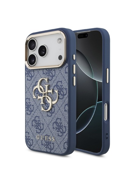 Guess Guess PU Leather 4G Metal Logo Gold Frame Заден калъф за iPhone 18 Pro Blue