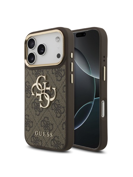 Guess Guess PU Leather 4G Metal Logo Gold Frame Заден калъф за iPhone 18 Pro Brown