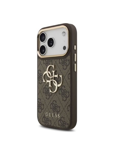 Guess Guess PU Leather 4G Metal Logo Gold Frame Заден калъф за iPhone 18 Pro Brown