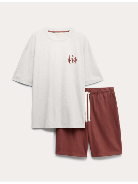 Marks & Spencer Пижамен комплект от чист памук с вышивка с мотив на кактус Marks & Spencer кремаво
