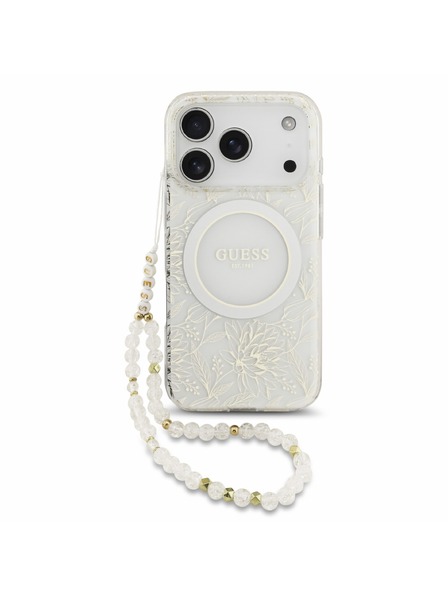 Guess Guess IML Flowers Allover Strap MagSafe Заден калъф за iPhone 18 Pro White