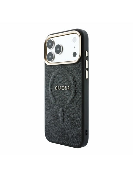 Guess Guess PU Leather 4G Gold Frame Embossed MagSafe Заден калъф за iPhone 18 Pro Black