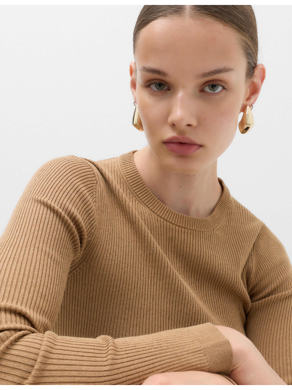 Marks & Spencer Прилепнал ребрист пуловер с кръгъл деколте Marks & Spencer кафяв