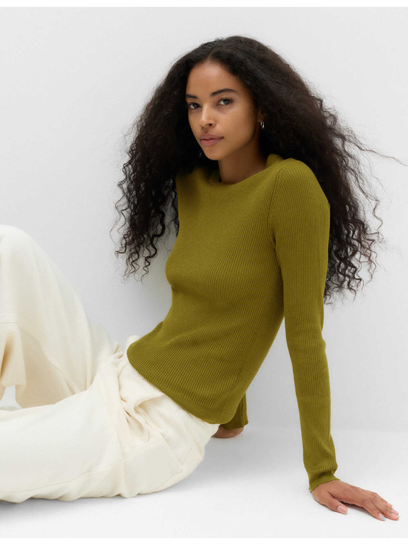 Marks & Spencer Прилепнал ребрист пуловер с кръгъл деколте Marks & Spencer зелен