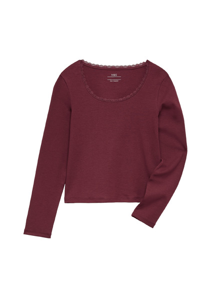 Marks & Spencer Топ с дантелено кантче и висок дял памук (6–16 години) Marks & Spencer червена